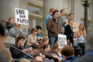 Students gather on the steps of the Administration Building protesting the hiatus of the campus paper, the Bulldog Weekly.
