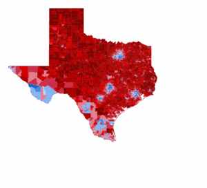 A picture of Texas by county with red and blue markings based on the results of the 2024 presidential election.